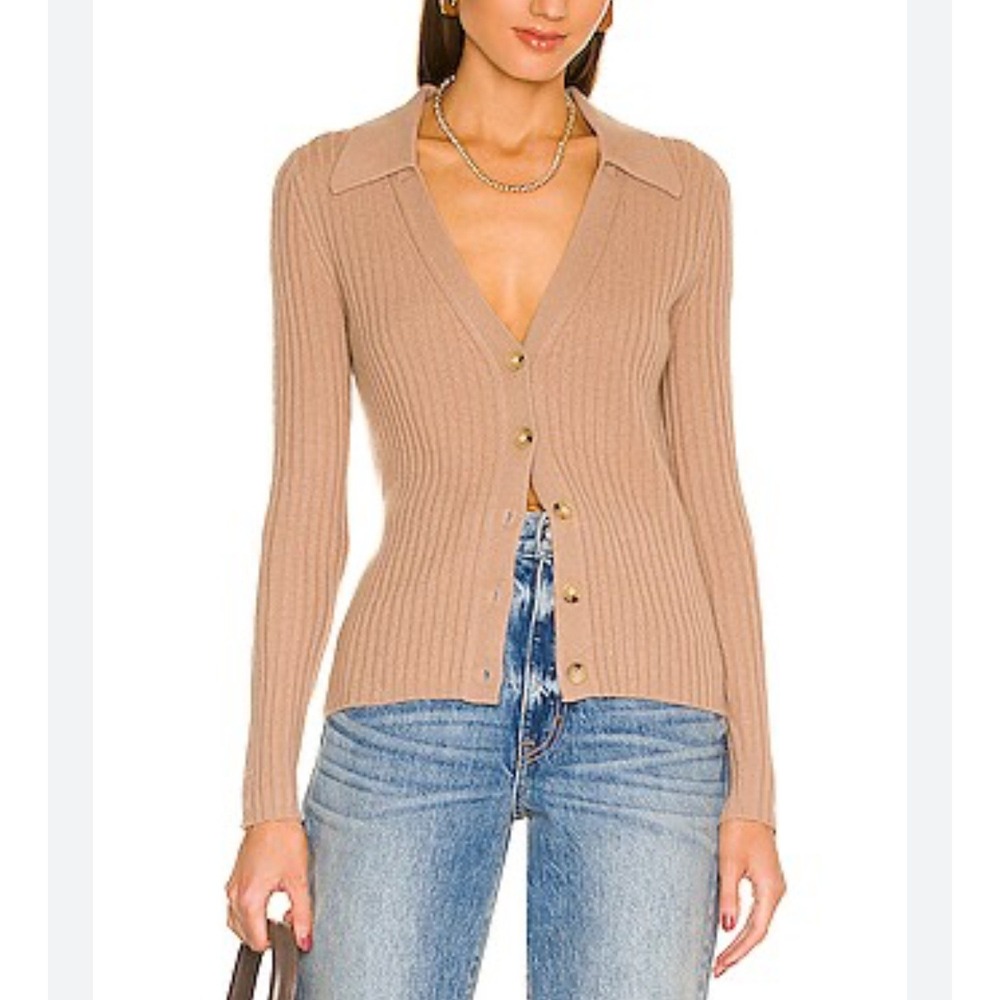 Veronica Beard Lazana Camel Ribbed 100% Cashmere Polo Cardigan‎ Sweater Medium